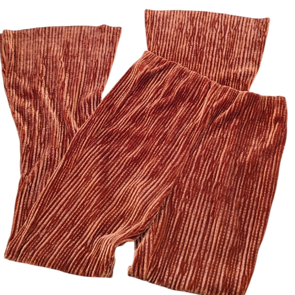 Urban Outfitters Rosie Velvet Plisse Flare Pants, Burnt Orange. Small